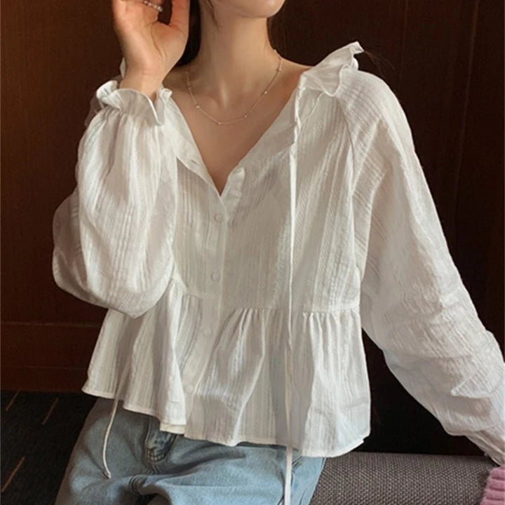 Modern Flounce Hem Crop Shirt – Korean - Inspired Short Button - Up for Women - VeauBeauty