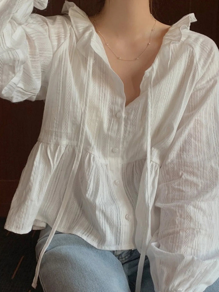 Modern Flounce Hem Crop Shirt – Korean - Inspired Short Button - Up for Women - VeauBeauty