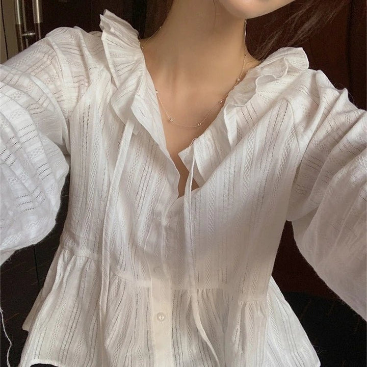 Modern Flounce Hem Crop Shirt – Korean - Inspired Short Button - Up for Women - VeauBeauty