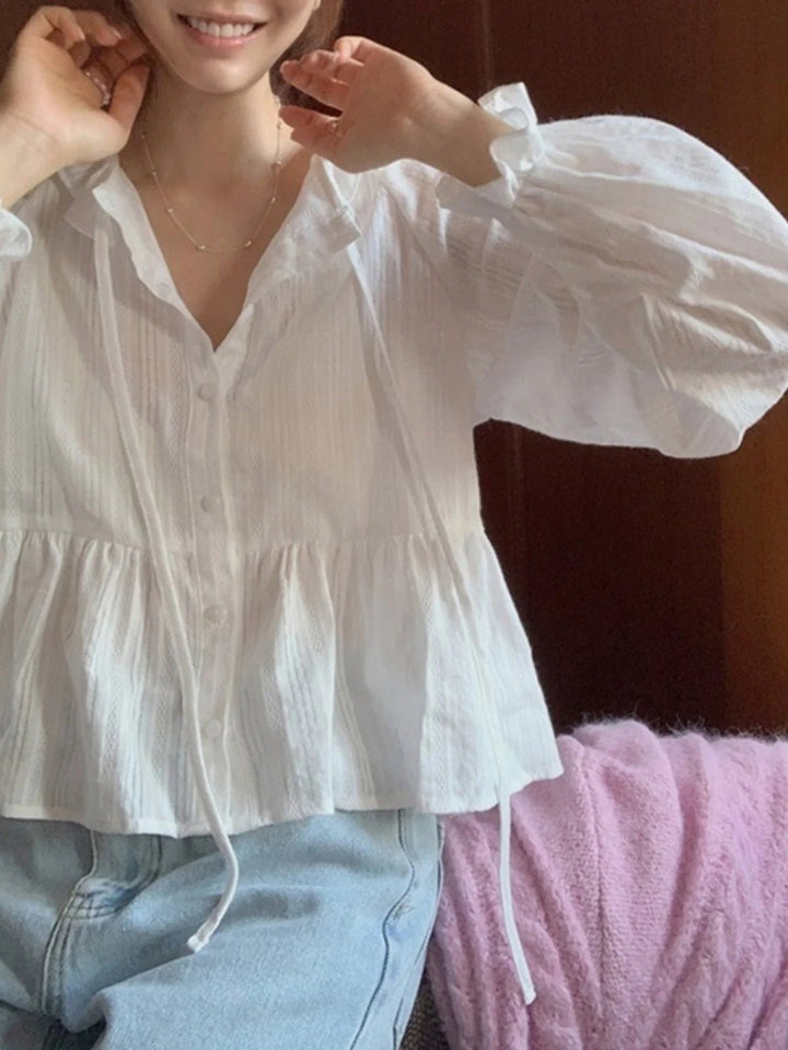 Modern Flounce Hem Crop Shirt – Korean - Inspired Short Button - Up for Women - VeauBeauty