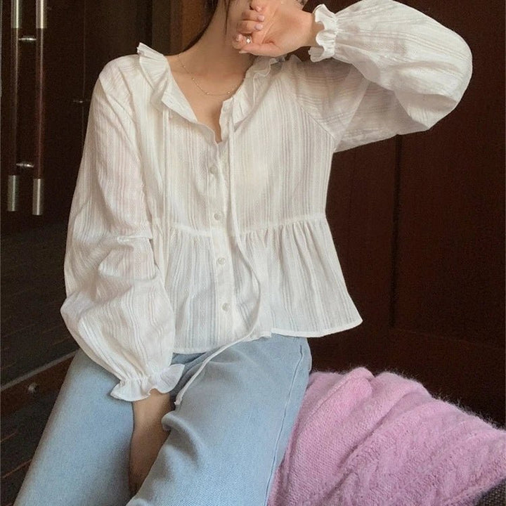 Modern Flounce Hem Crop Shirt – Korean - Inspired Short Button - Up for Women - VeauBeauty