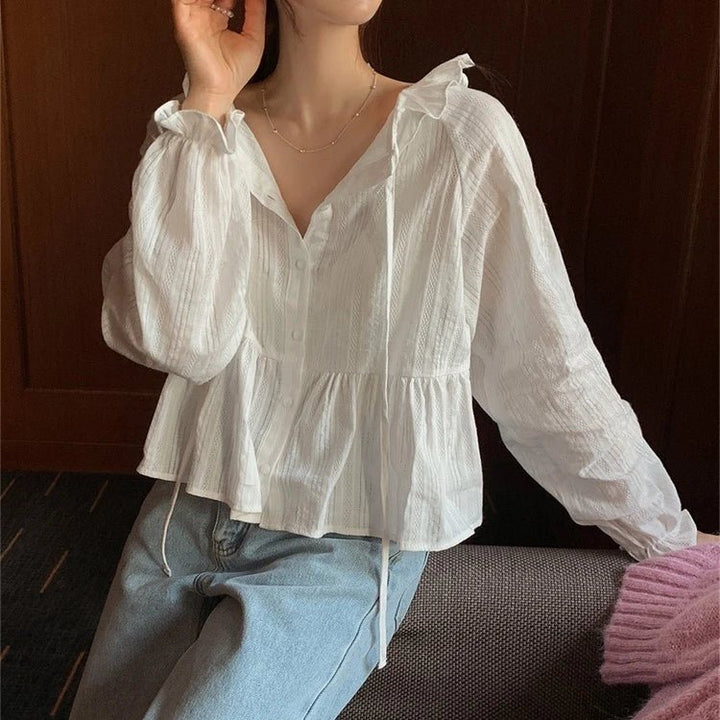 Modern Flounce Hem Crop Shirt – Korean - Inspired Short Button - Up for Women - VeauBeauty