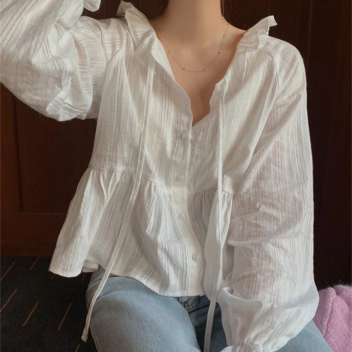 Modern Flounce Hem Crop Shirt – Korean - Inspired Short Button - Up for Women - VeauBeauty