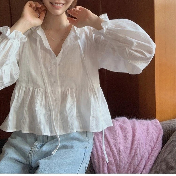 Modern Flounce Hem Crop Shirt – Korean - Inspired Short Button - Up for Women - VeauBeauty