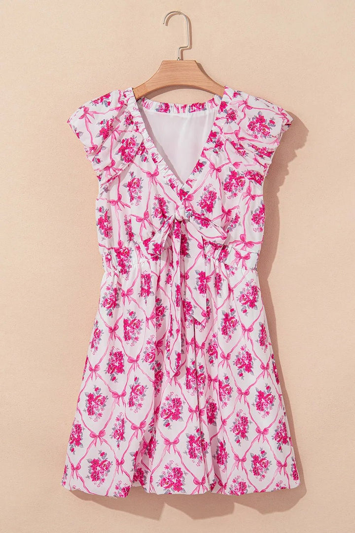 Multicolour Bow Lattice Floral Print V Neck Knot Decor Mini Dress - VeauBeauty