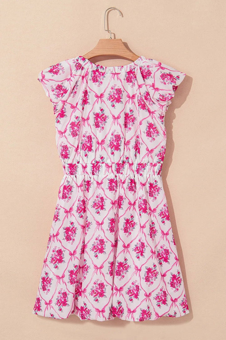 Multicolour Bow Lattice Floral Print V Neck Knot Decor Mini Dress - VeauBeauty