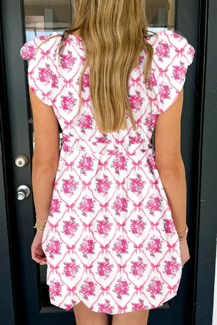 Multicolour Bow Lattice Floral Print V Neck Knot Decor Mini Dress - VeauBeauty