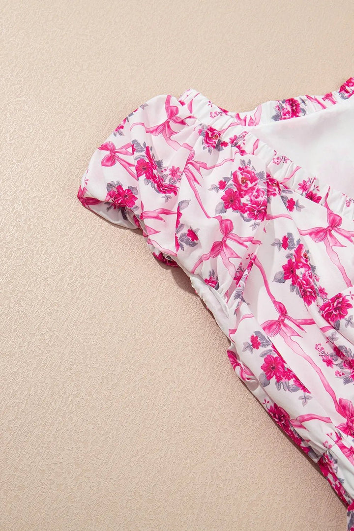 Multicolour Bow Lattice Floral Print V Neck Knot Decor Mini Dress - VeauBeauty