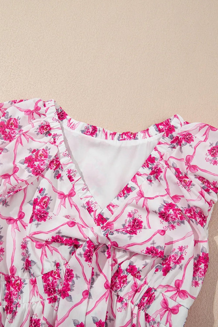 Multicolour Bow Lattice Floral Print V Neck Knot Decor Mini Dress - VeauBeauty