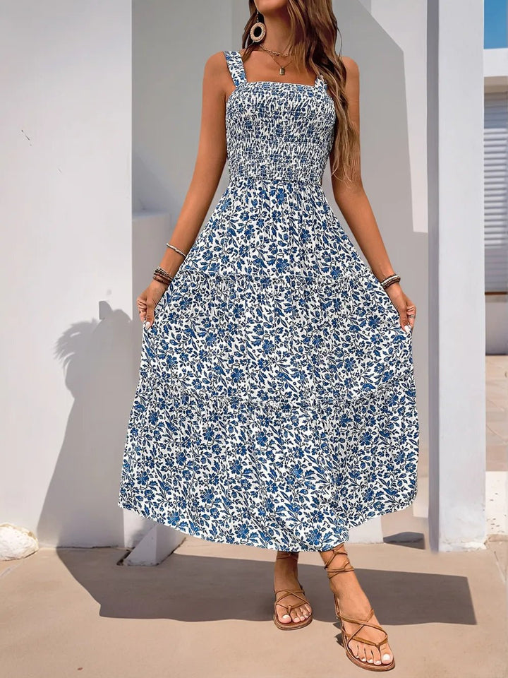 Perfee Frill Printed Square Neck Midi Cami Dress - VeauBeauty