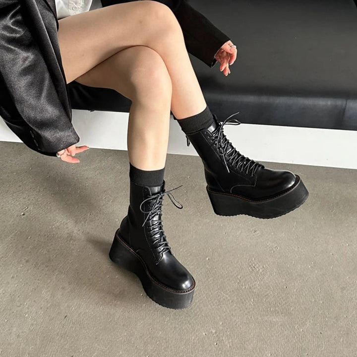 Platform Leather Ankle Boots – High Heel Winter Short Boots for Women - VeauBeauty