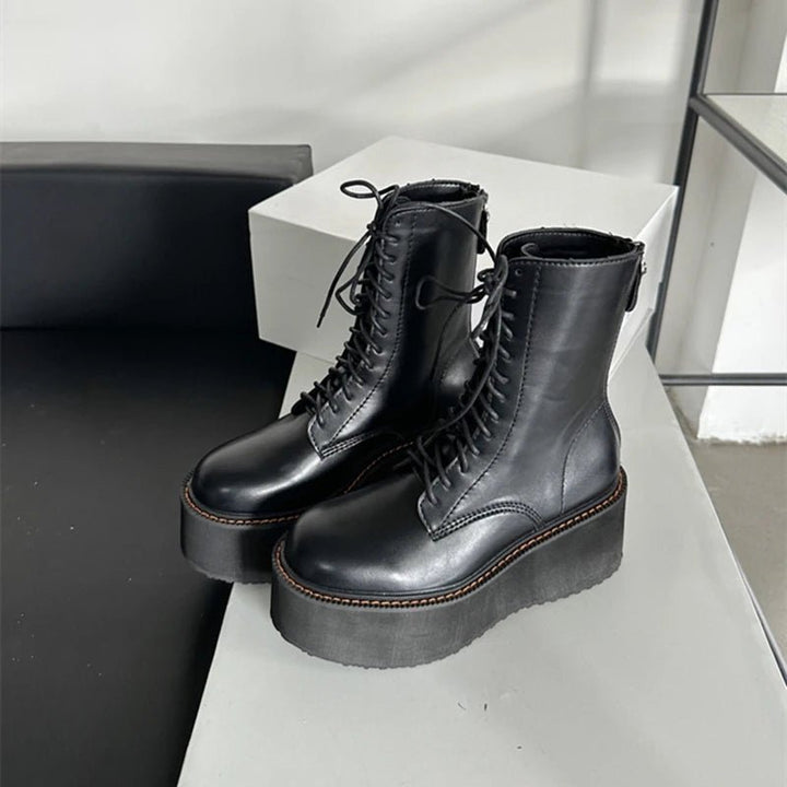 Platform Leather Ankle Boots – High Heel Winter Short Boots for Women - VeauBeauty