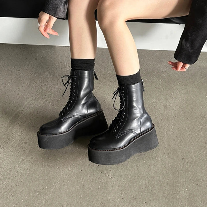 Platform Leather Ankle Boots – High Heel Winter Short Boots for Women - VeauBeauty