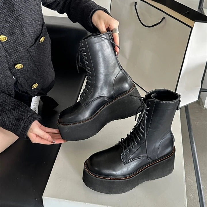 Platform Leather Ankle Boots – High Heel Winter Short Boots for Women - VeauBeauty