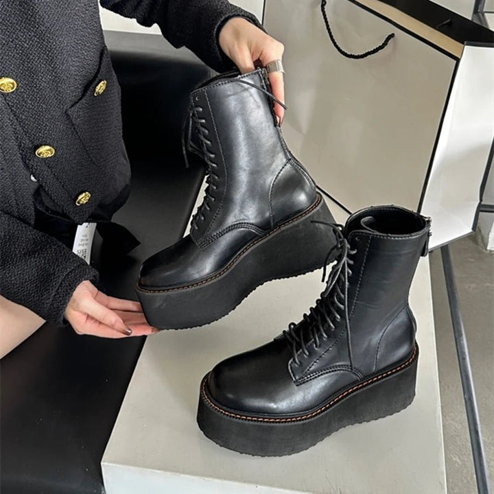 Platform Leather Ankle Boots – High Heel Winter Short Boots for Women - VeauBeauty