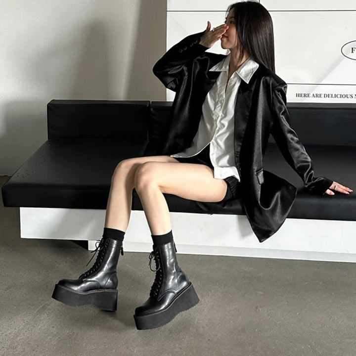 Platform Leather Ankle Boots – High Heel Winter Short Boots for Women - VeauBeauty