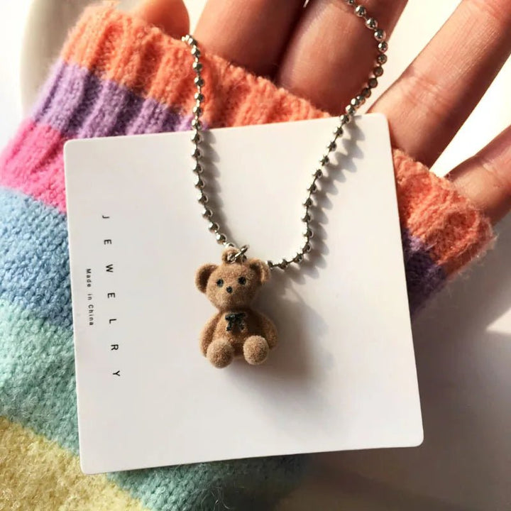 Plush Bear Pendant Necklace – Korean Style Long Chain Jewelry for Women - VeauBeauty
