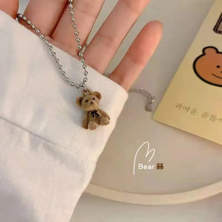 Plush Bear Pendant Necklace – Korean Style Long Chain Jewelry for Women - VeauBeauty