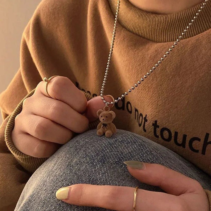 Plush Bear Pendant Necklace – Korean Style Long Chain Jewelry for Women - VeauBeauty