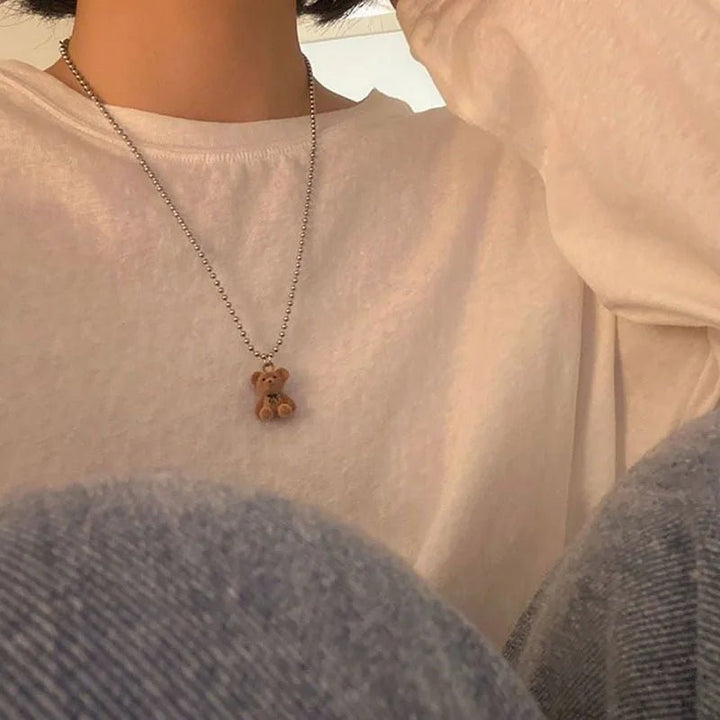 Plush Bear Pendant Necklace – Korean Style Long Chain Jewelry for Women - VeauBeauty