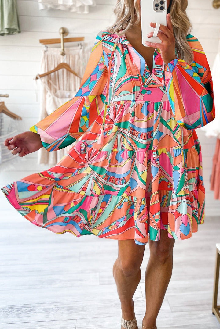 Printed Long Sleeve Tie Neck Mini Dress - VeauBeauty
