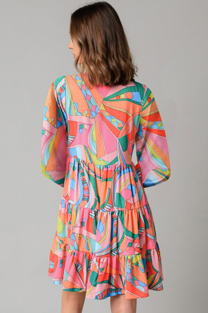 Printed Long Sleeve Tie Neck Mini Dress - VeauBeauty