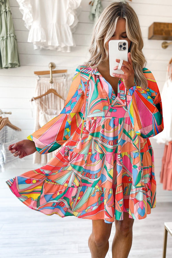 Printed Long Sleeve Tie Neck Mini Dress - VeauBeauty