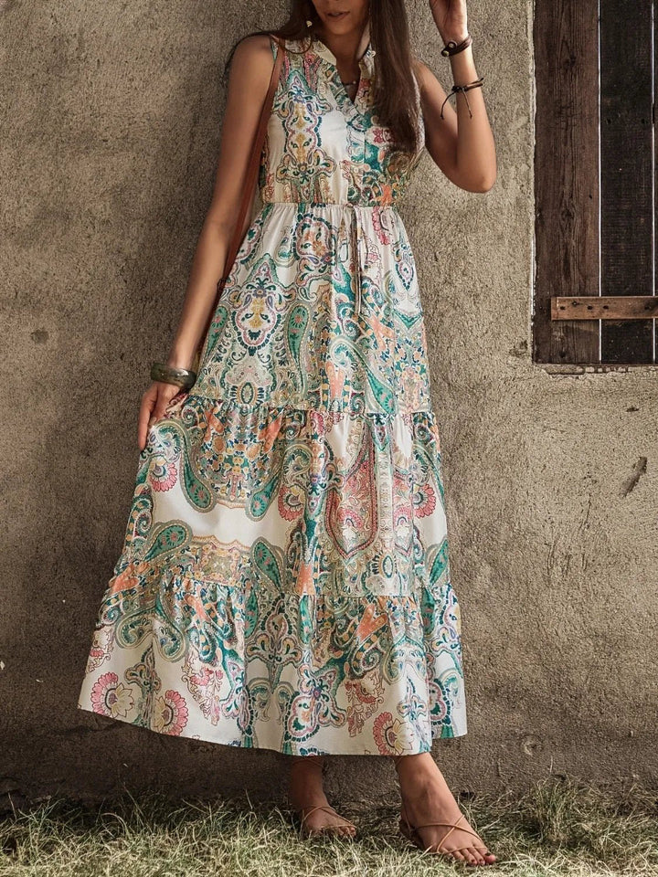 Printed Notched Sleeveless Dress - VeauBeauty