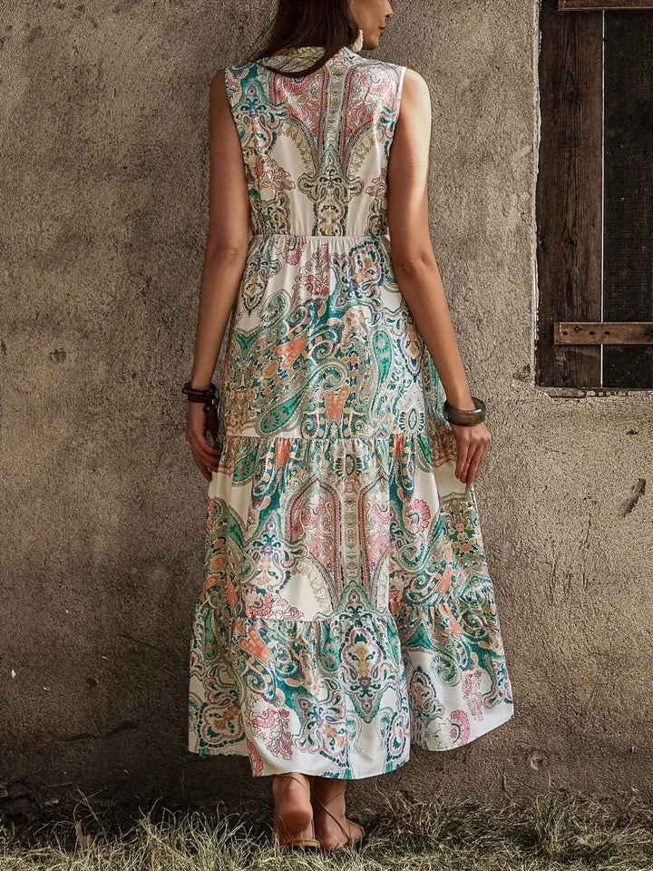 Printed Notched Sleeveless Dress - VeauBeauty