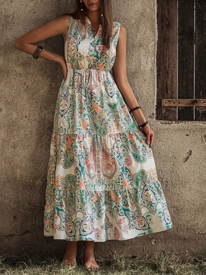 Printed Notched Sleeveless Dress - VeauBeauty