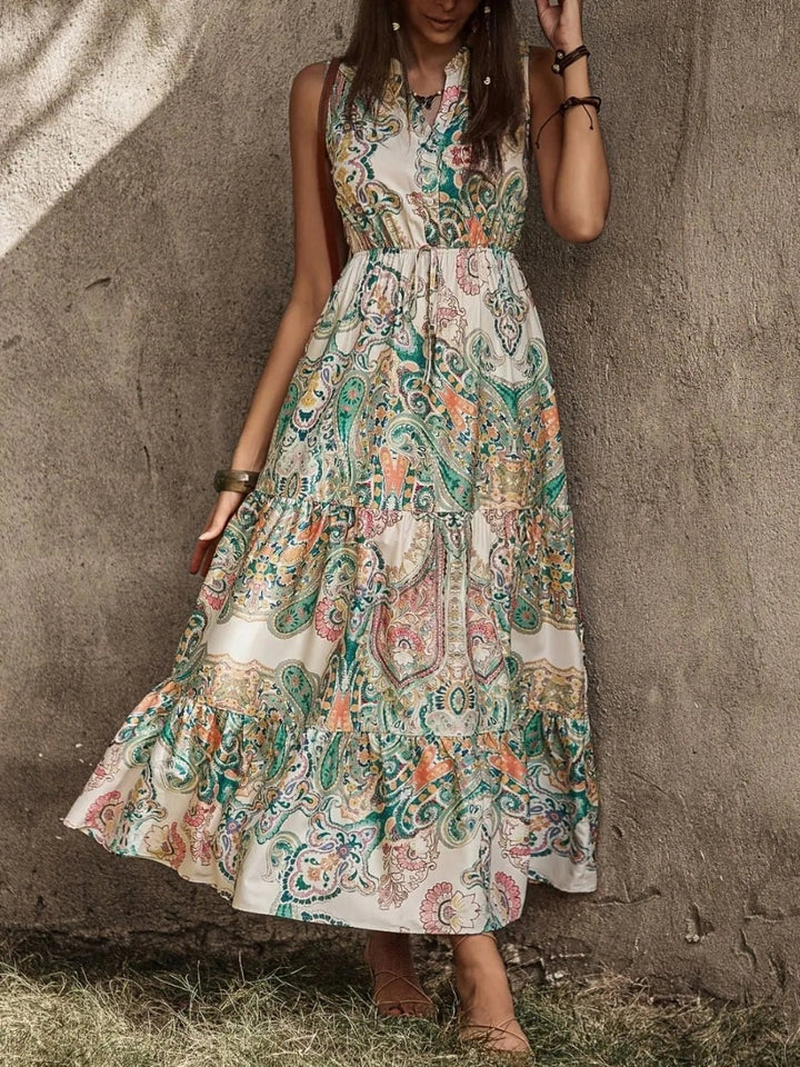 Printed Notched Sleeveless Dress - VeauBeauty