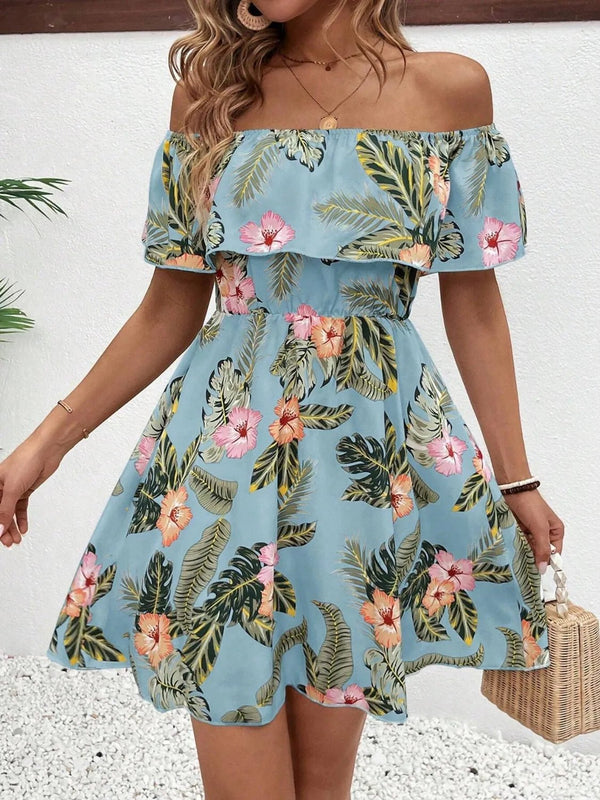 Printed Off Shoulder Mini Dress - VeauBeauty