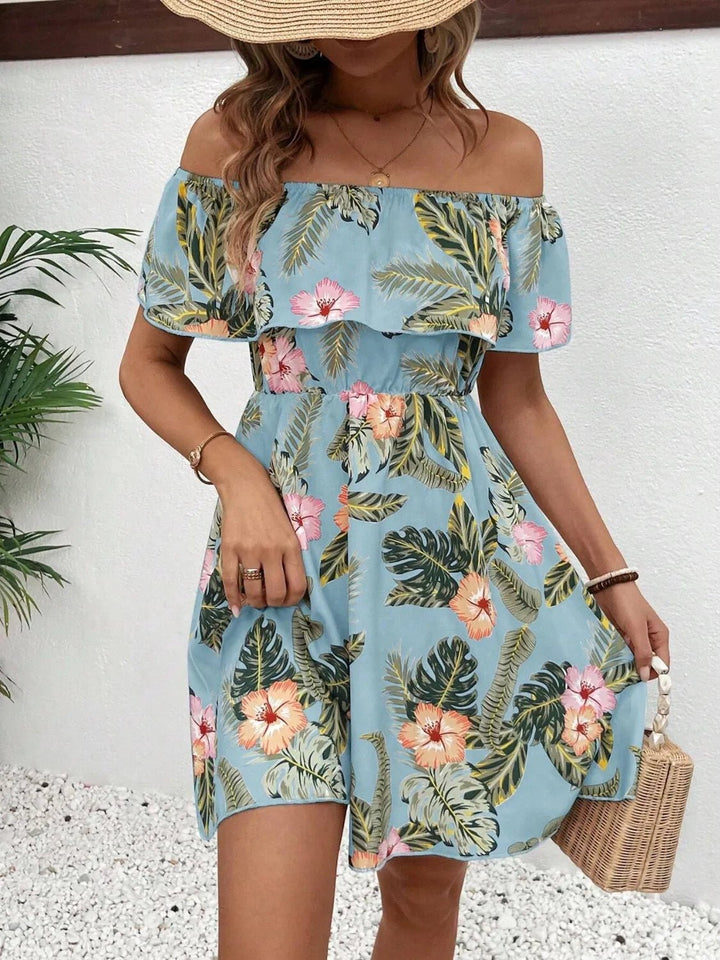 Printed Off Shoulder Mini Dress - VeauBeauty