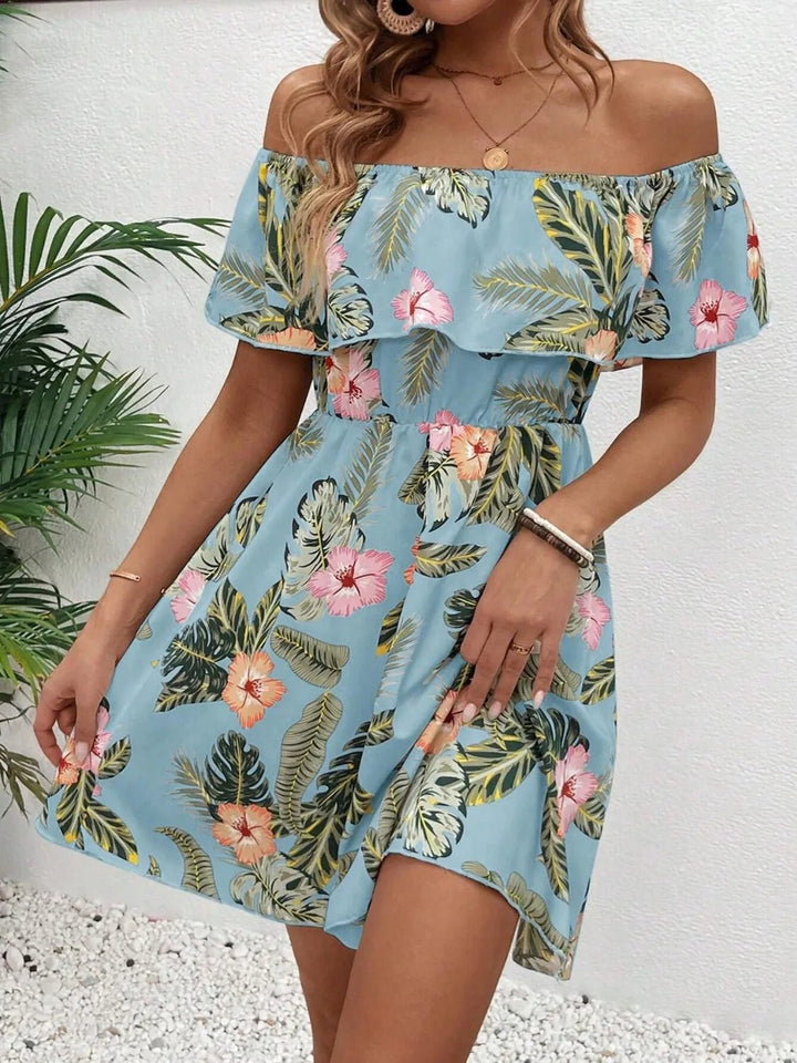 Printed Off Shoulder Mini Dress - VeauBeauty