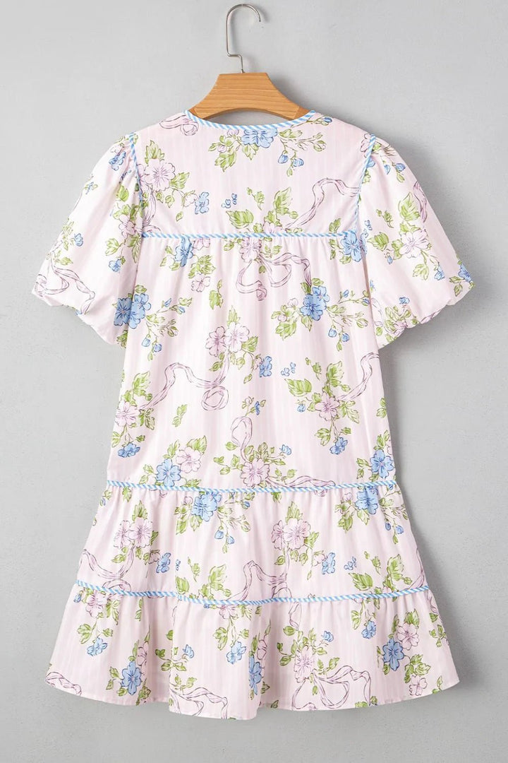 Printed Tie Neck Short Sleeve Mini Dress - VeauBeauty