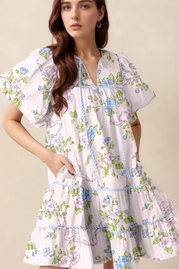 Printed Tie Neck Short Sleeve Mini Dress - VeauBeauty