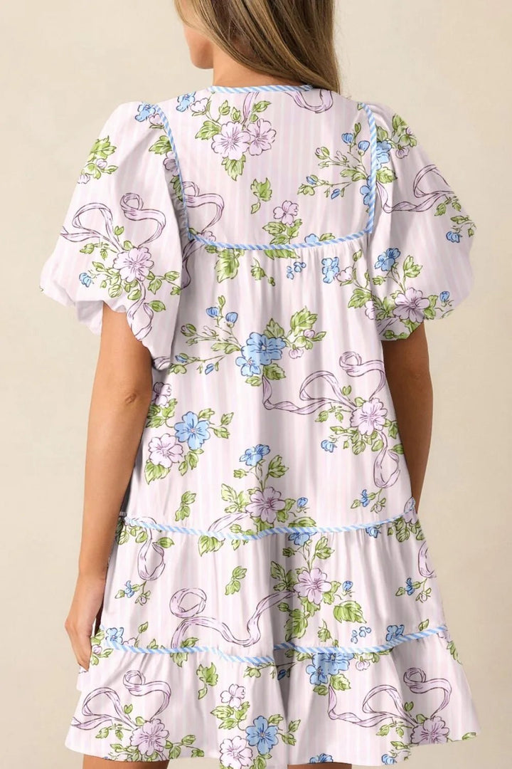 Printed Tie Neck Short Sleeve Mini Dress - VeauBeauty