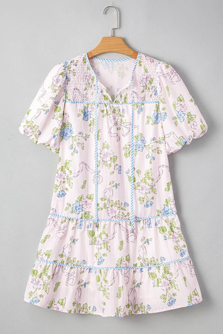 Printed Tie Neck Short Sleeve Mini Dress - VeauBeauty