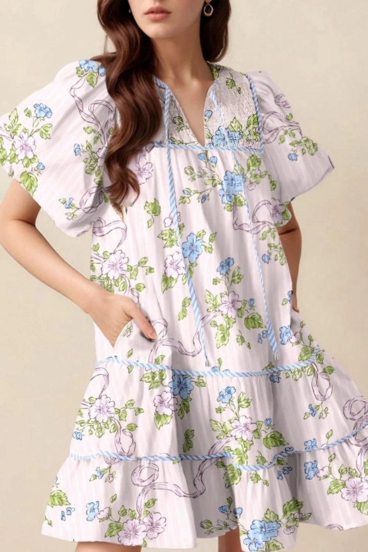 Printed Tie Neck Short Sleeve Mini Dress - VeauBeauty