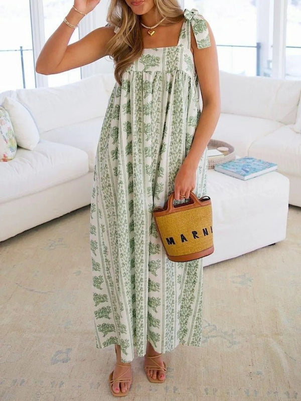 Printed Tie Shoulder Square Neck Midi Dress - VeauBeauty