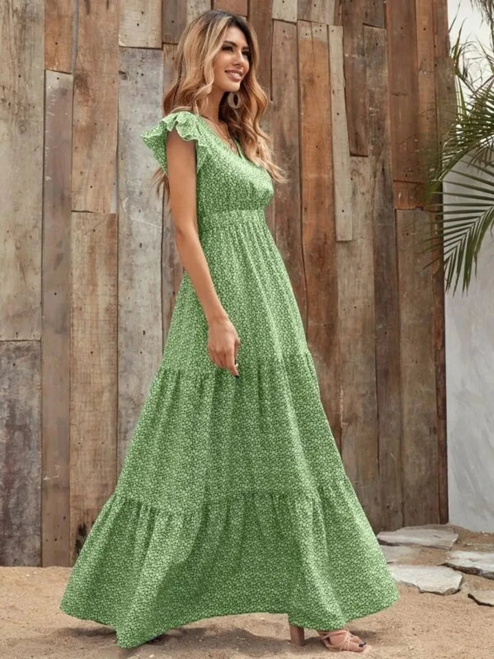 Printed V - Neck Ruffled Cap Sleeve Maxi Dress - VeauBeauty
