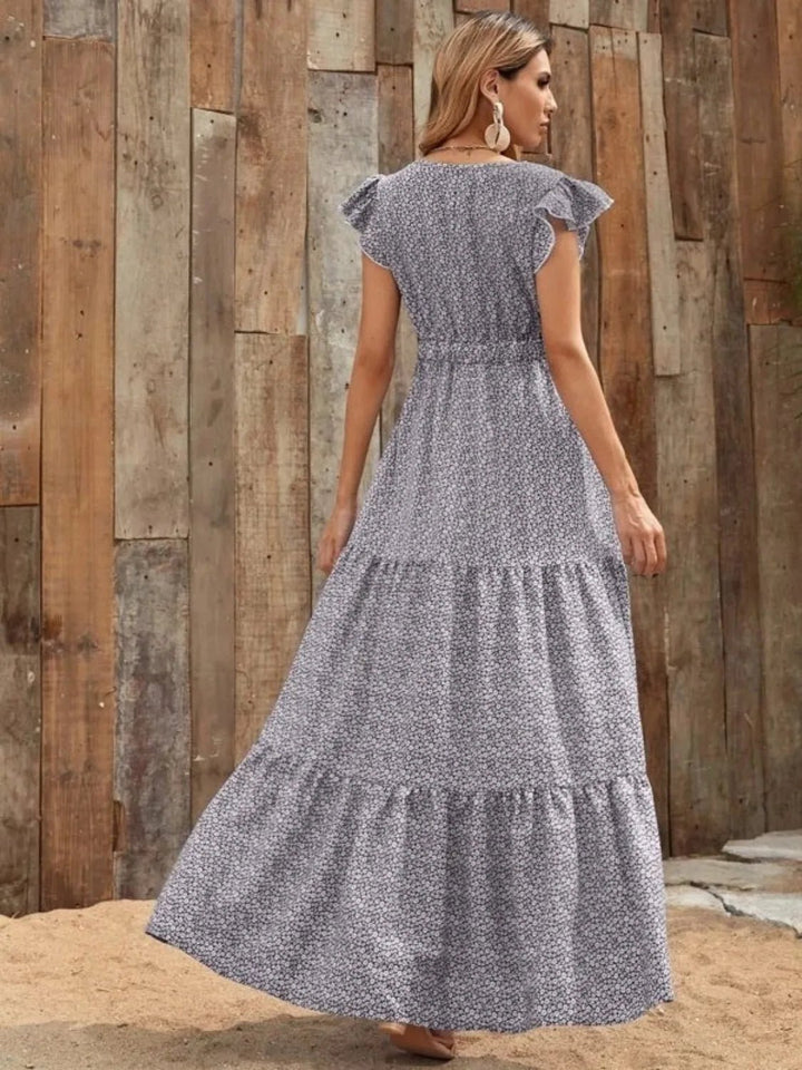 Printed V - Neck Ruffled Cap Sleeve Maxi Dress - VeauBeauty