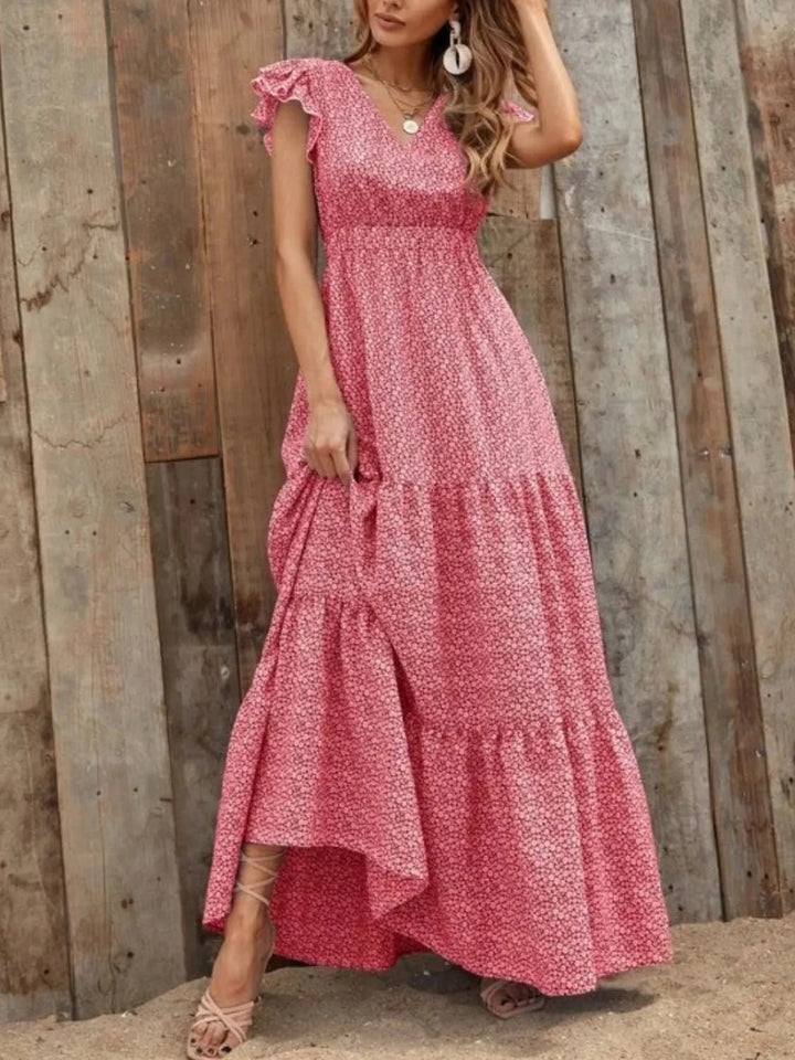 Printed V - Neck Ruffled Cap Sleeve Maxi Dress - VeauBeauty