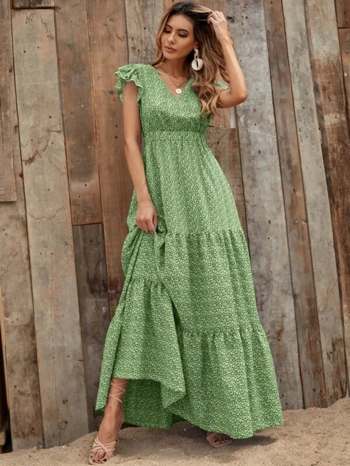 Printed V - Neck Ruffled Cap Sleeve Maxi Dress - VeauBeauty