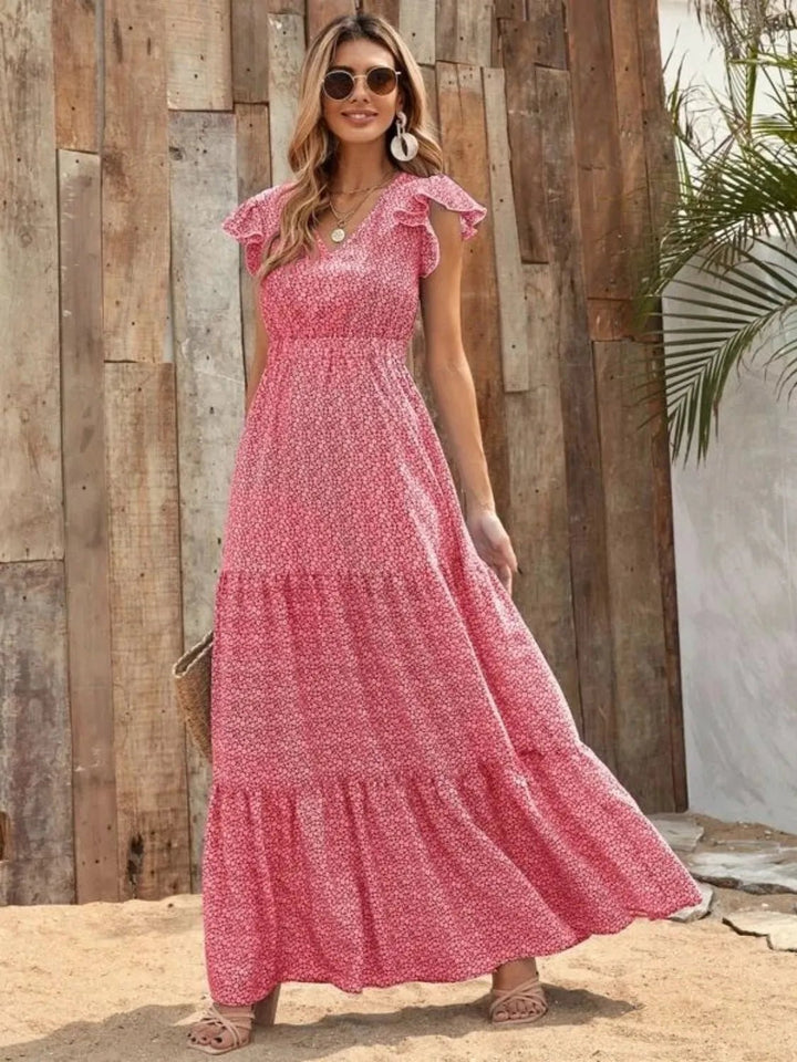Printed V - Neck Ruffled Cap Sleeve Maxi Dress - VeauBeauty