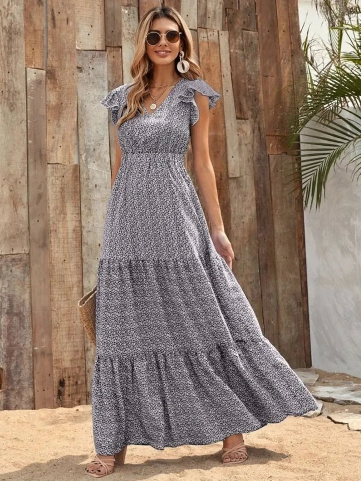 Printed V - Neck Ruffled Cap Sleeve Maxi Dress - VeauBeauty