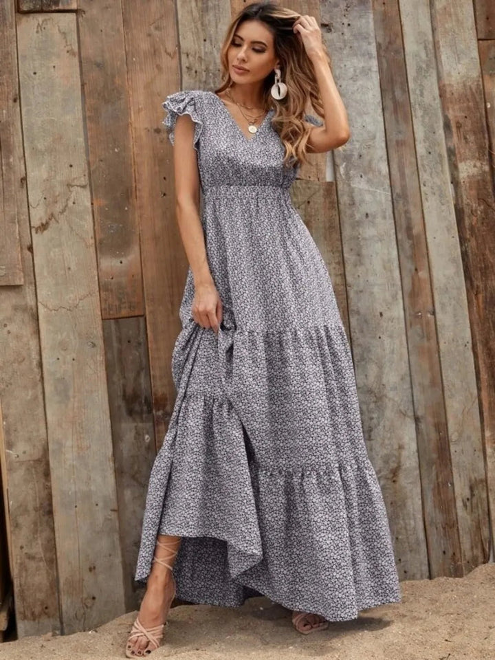 Printed V - Neck Ruffled Cap Sleeve Maxi Dress - VeauBeauty