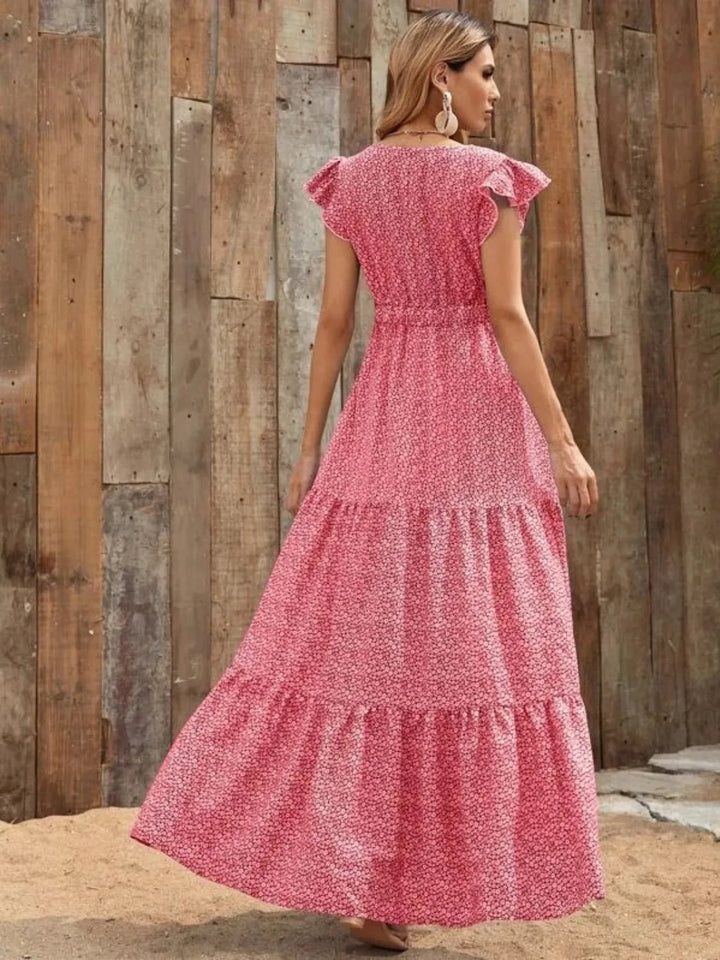 Printed V - Neck Ruffled Cap Sleeve Maxi Dress - VeauBeauty