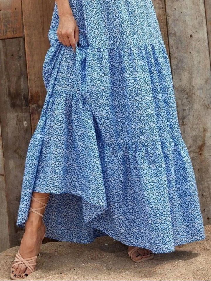 Printed V - Neck Ruffled Cap Sleeve Maxi Dress - VeauBeauty