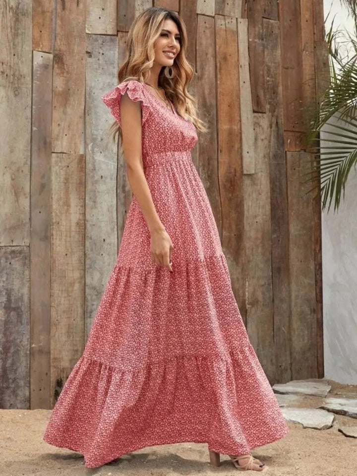 Printed V - Neck Ruffled Cap Sleeve Maxi Dress - VeauBeauty